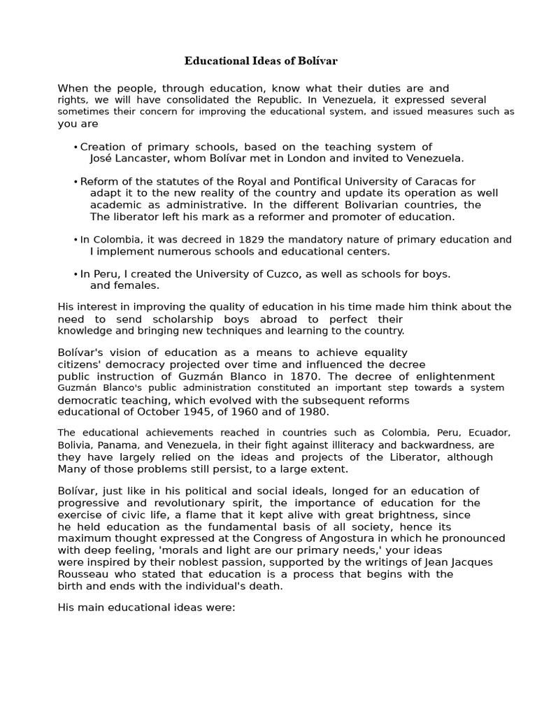 Bolívar's Vision for Education Reform | PDF