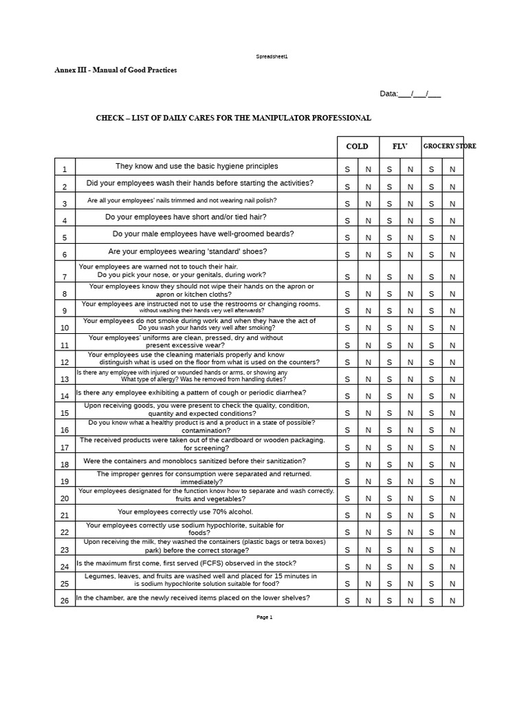 Grocery Store Hygiene Checklist | PDF | Hygiene | Vegetables