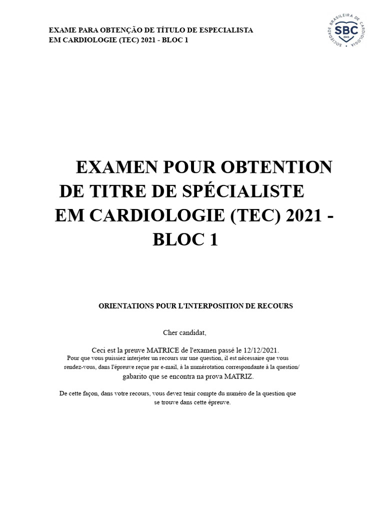 Examen de Cardiologie 2021 - Bloc 1 | PDF | Infarctus du myocarde | Aorte