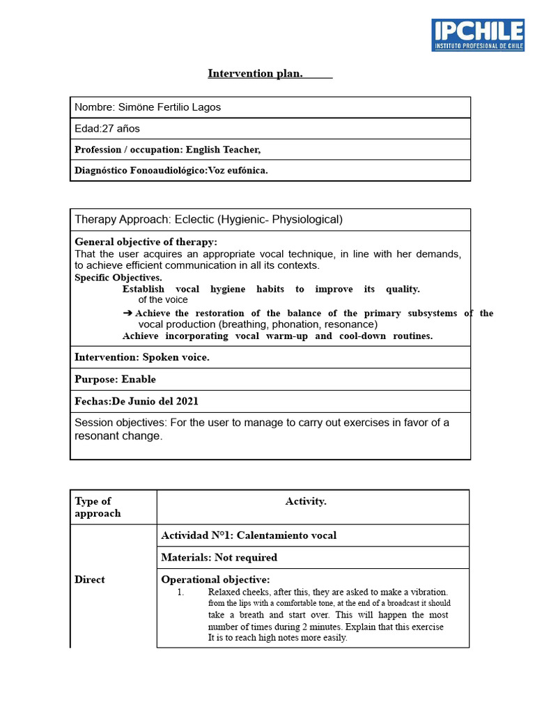 Intervention Plan Session Simone | PDF | Vocal Pedagogy | Human Voice