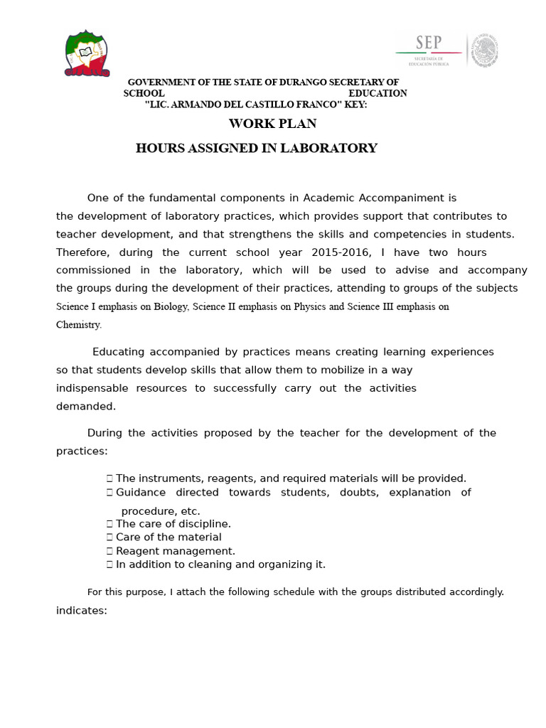 Durango School Laboratory Work Plan | PDF | Teachers