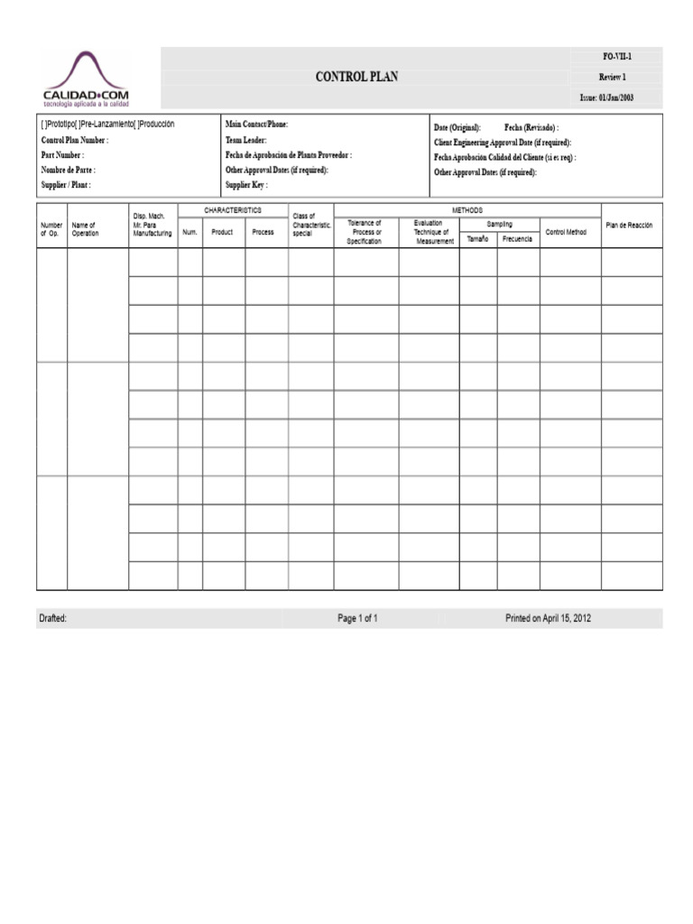 Control Plan Format | PDF