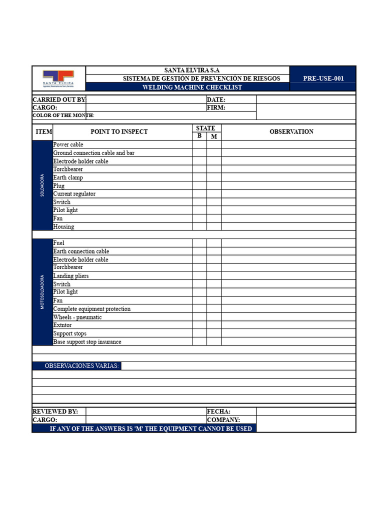 Welding Machine Safety Checklist | PDF