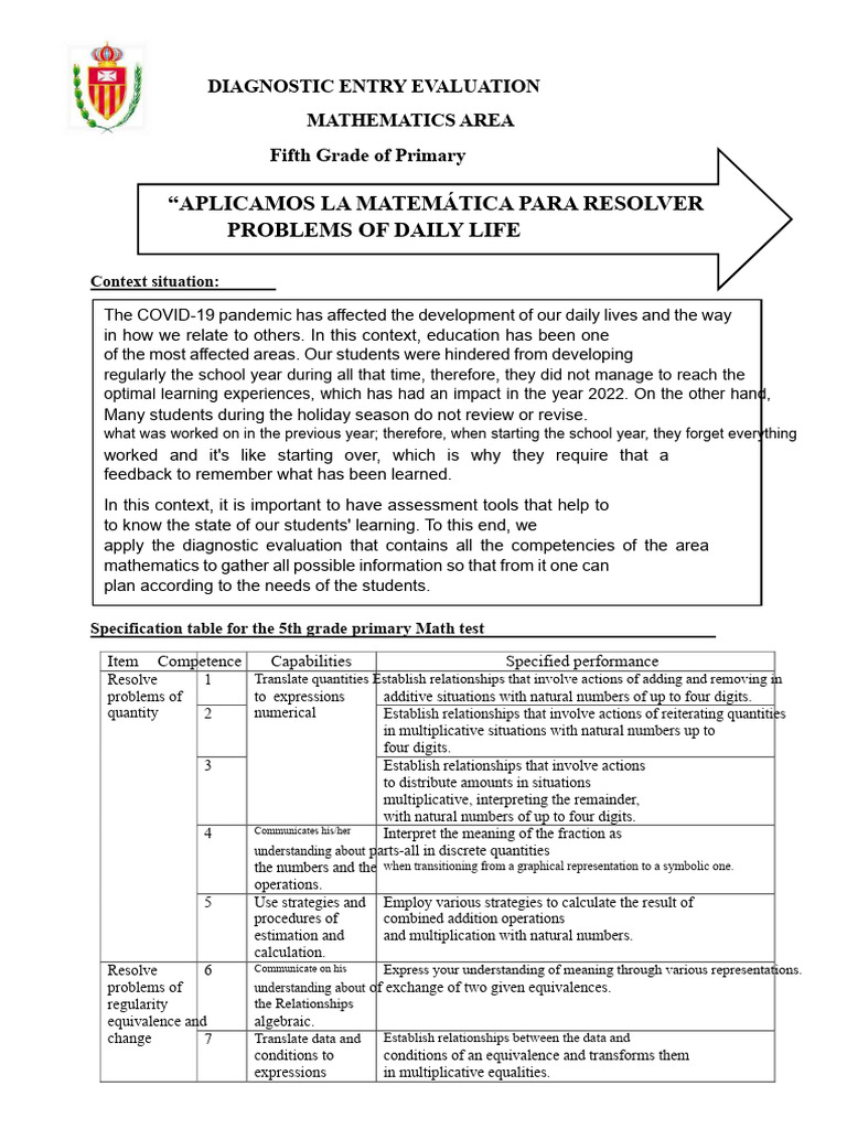 5th Grade Math Diagnostic Evaluation | PDF | Mathematics