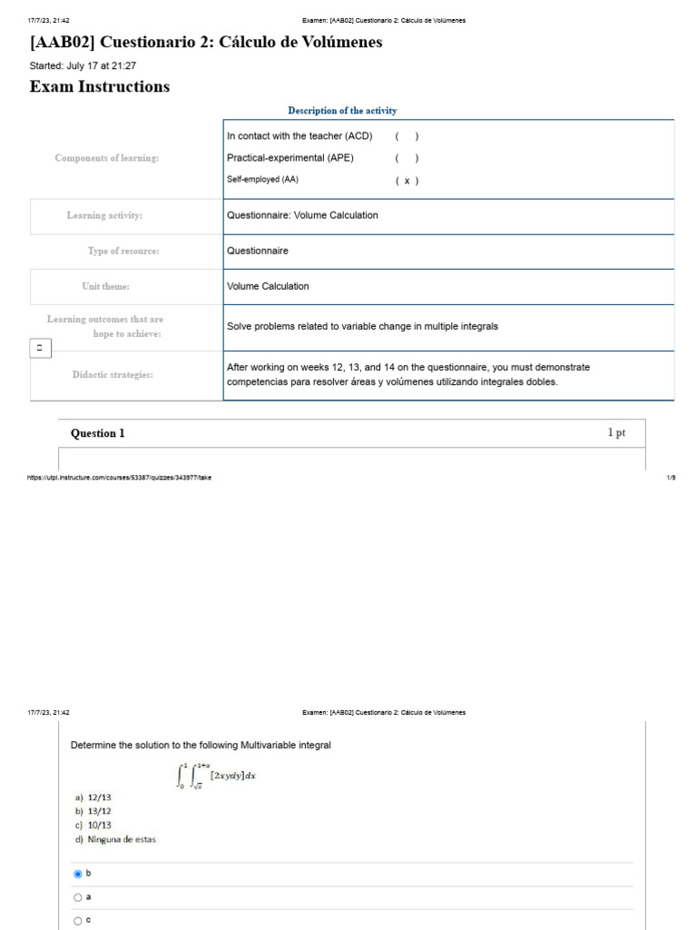 Volume Calculation Questionnaire AAB02 | PDF | Integral | Calculus