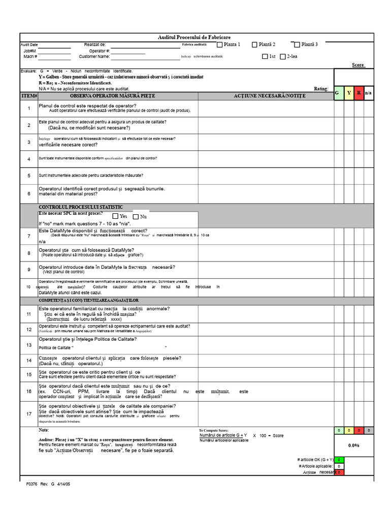 Formular Excel Pentru Auditul Procesului de Fabricare | PDF