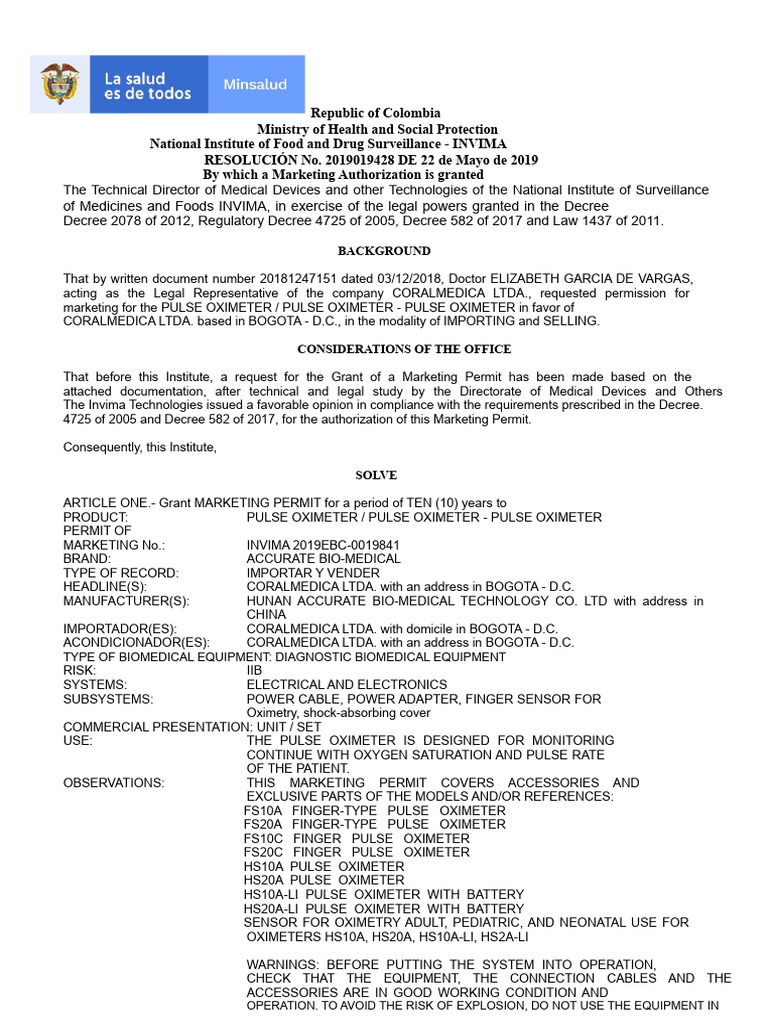 Colombia Grants Marketing Permit for Pulse Oximeter | PDF | Health Care ...