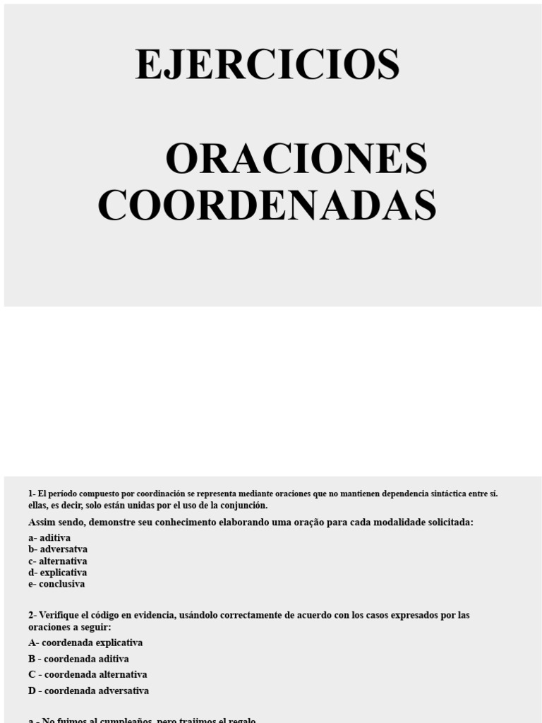 8 Ejercicios Oraciones Coordinadas | PDF | Gramática | Mecánica del ...