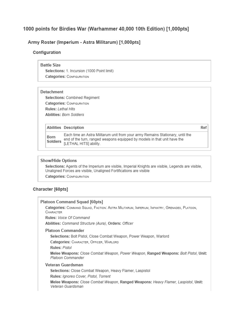 Astra Militarum 1000pt Army Roster | PDF | Infantry | Platoon