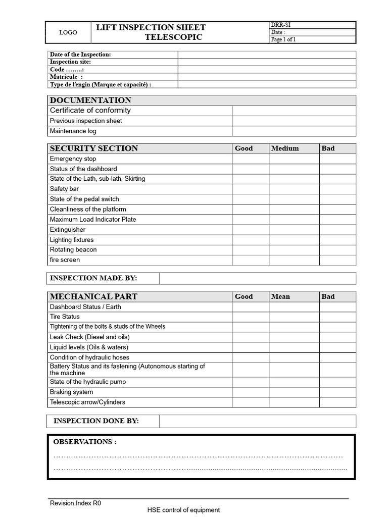 Telescopic Lift Inspection Checklist | PDF
