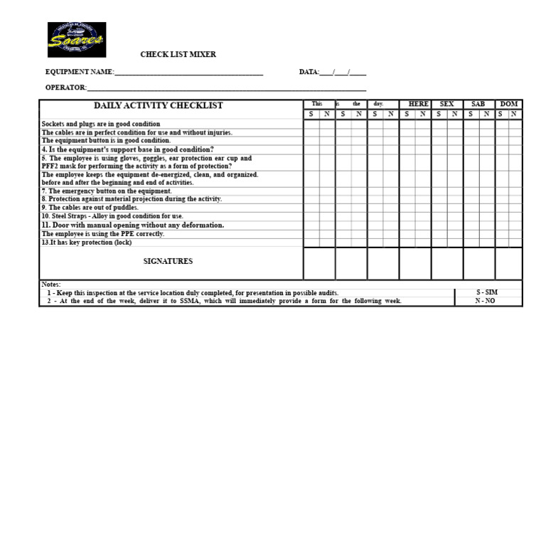 Daily Mixer Equipment Safety Checklist | PDF