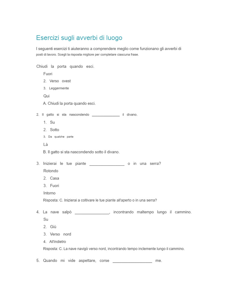 Esercizi Sugli Avverbi Di Luogo | PDF