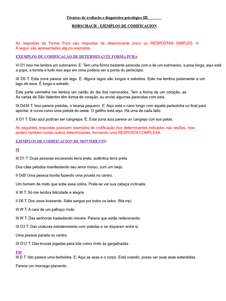 Exemplos de Codificação Rorschach | PDF | Cor | Vermelho