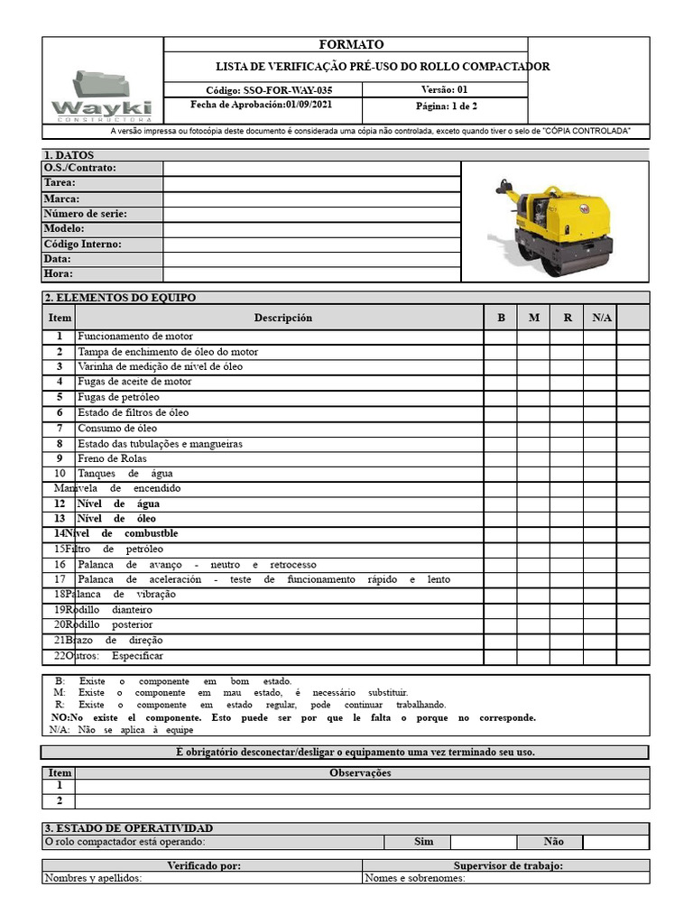 Checklist Pré-uso Rolo Compactador | PDF