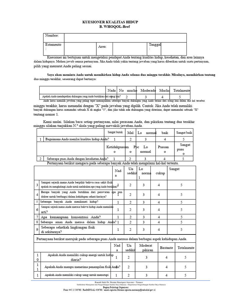 Kuesioner Kualitas Hidup B. WHOQOL-Bref | PDF