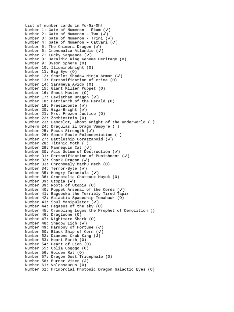 Complete List of Yu-Gi-Oh! Number Cards | PDF