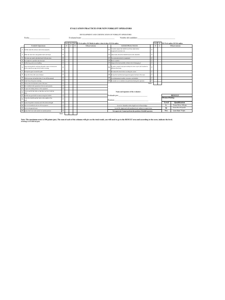 Forklift Operator Evaluation Checklist | PDF | Forklift