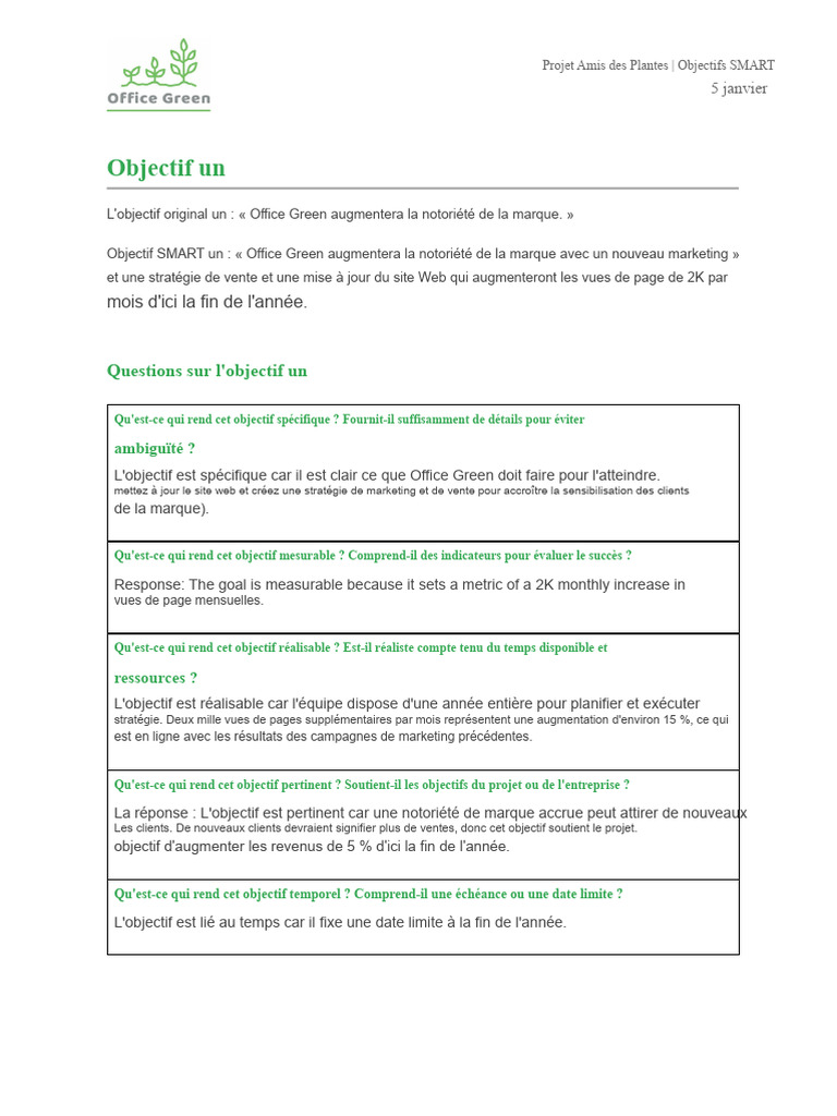 Objectifs SMART pour Office Green | PDF | Commercialisation | Business