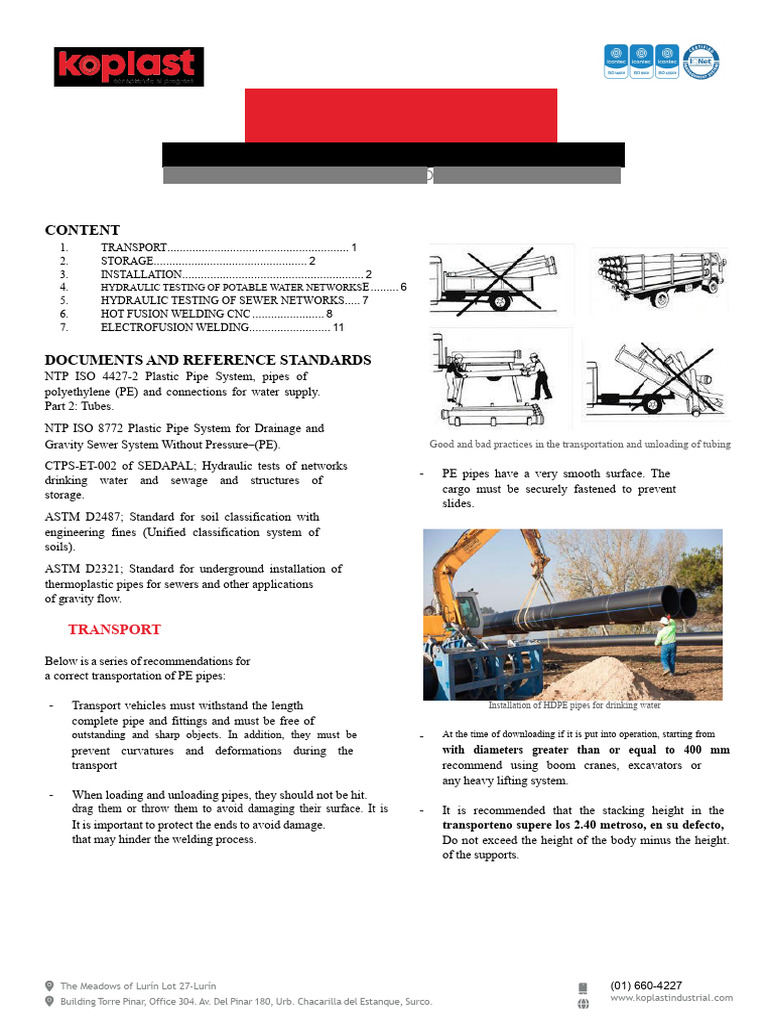 PE Pipe Transport and Installation Guide | PDF | Pipe (Fluid Conveyance ...