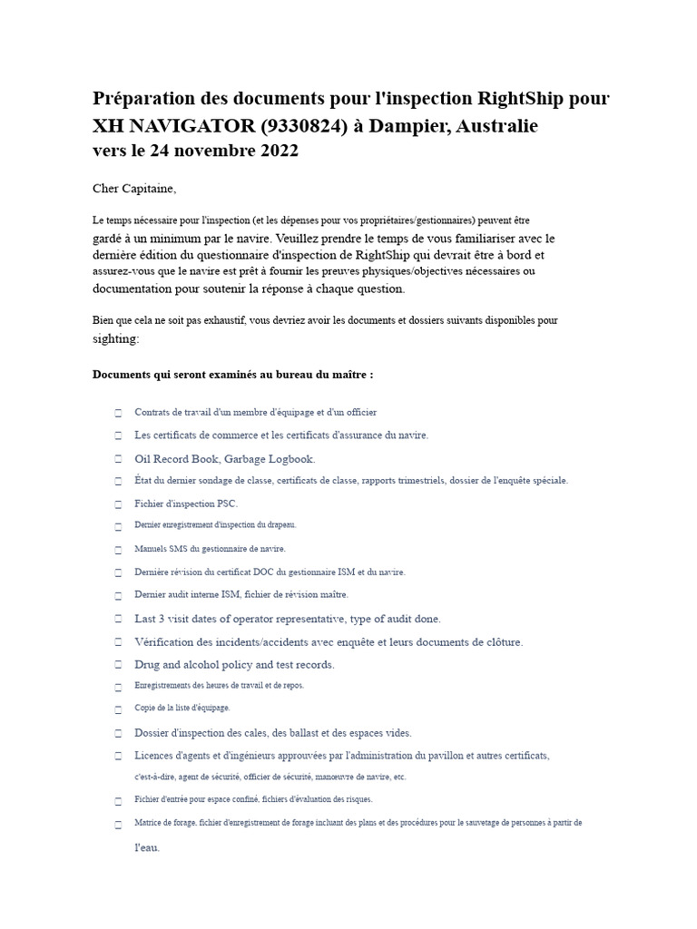 Inspection RightShip : Documents requis | PDF | Ventilation (Architecture)