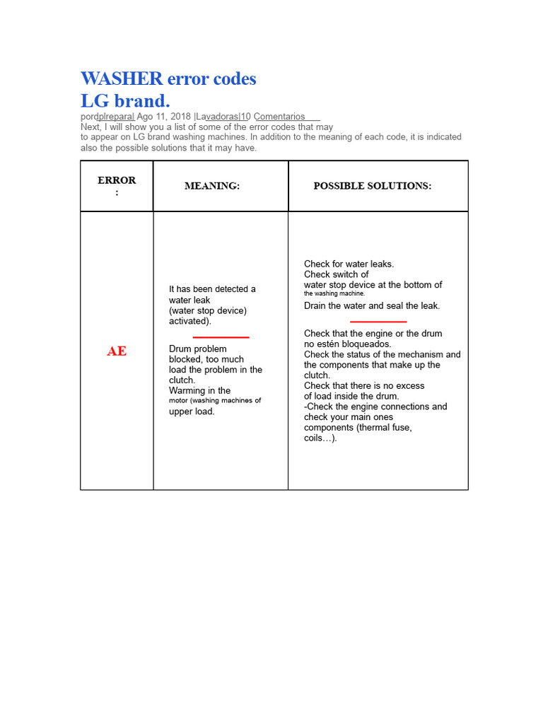 LG Washer Error Codes Guide | PDF | Washing Machine | Valve