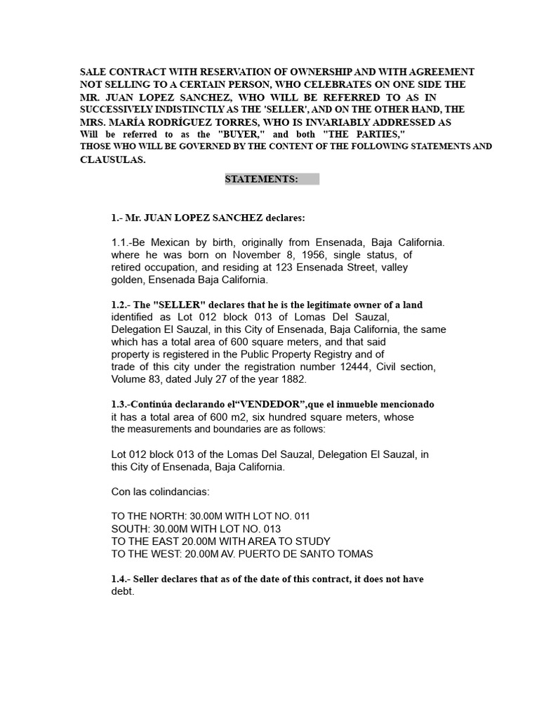 SALE CONTRACT WITH RESERVATION OF TITLE AND WITH AGREEMENT NOT TO SELL ...