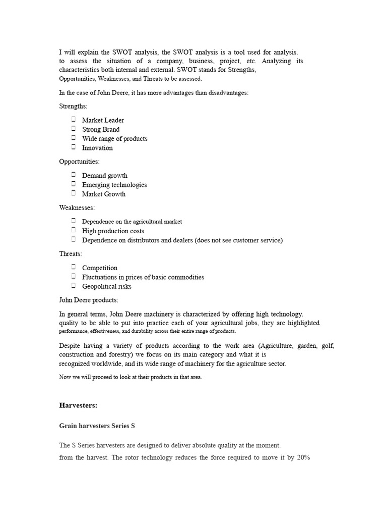 Notes-JOHN DEERE | PDF | Swot Analysis | Tractor