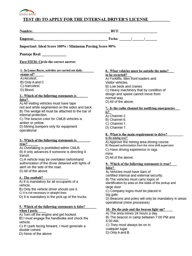 Internal Driver's License Test Guide | PDF | Driver's License | Transport