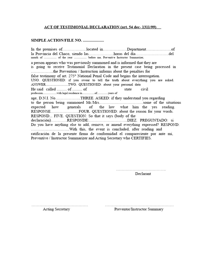 MODEL ACT OF TESTIMONIAL DECLARATION | PDF