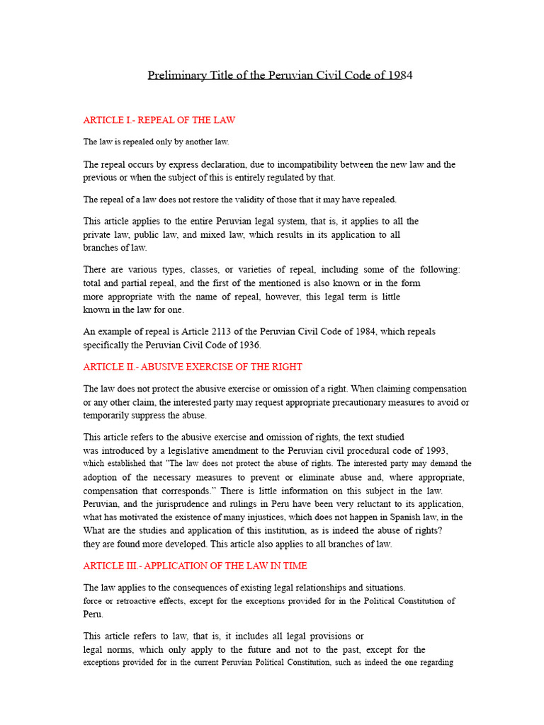 Preliminary Title of The Peruvian Civil Code | PDF | Repeal | Prosecutor