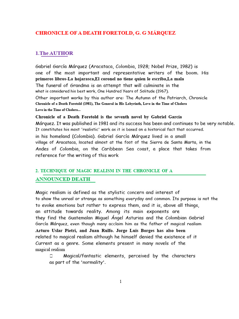 Brief. Theory summary. CHRONICLE OF A ANNOUNCED DEATH [24-05-2022 11-21-30]  | PDF | Gabriel García Márquez, image size:768x1024