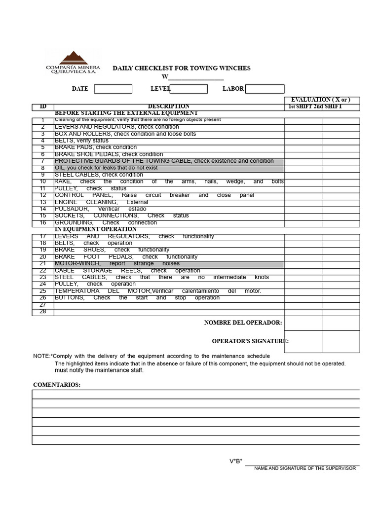 Towing Winch Check List | PDF | Brake | Vehicle Technology