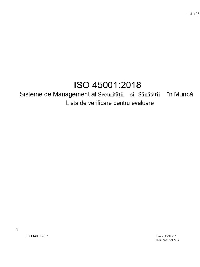 Lista de Verificare Pentru Evaluarea ISO 45001-2018 | PDF