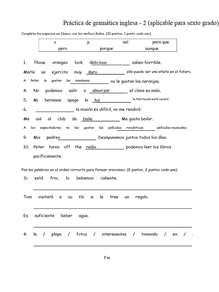 Ejercicios de Gramática en Inglés para Sexto Grado - 2 | PDF