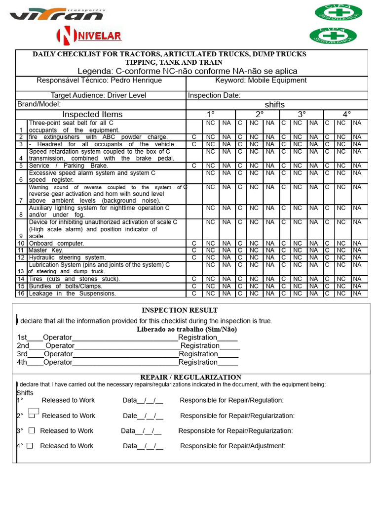 Tractor and Truck Daily Inspection Checklist | PDF | Truck | Semi ...