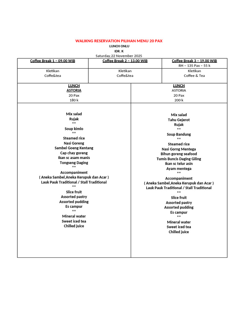 Menu Reserved Tg 22 November | PDF | Lunch | Indonesian Cuisine