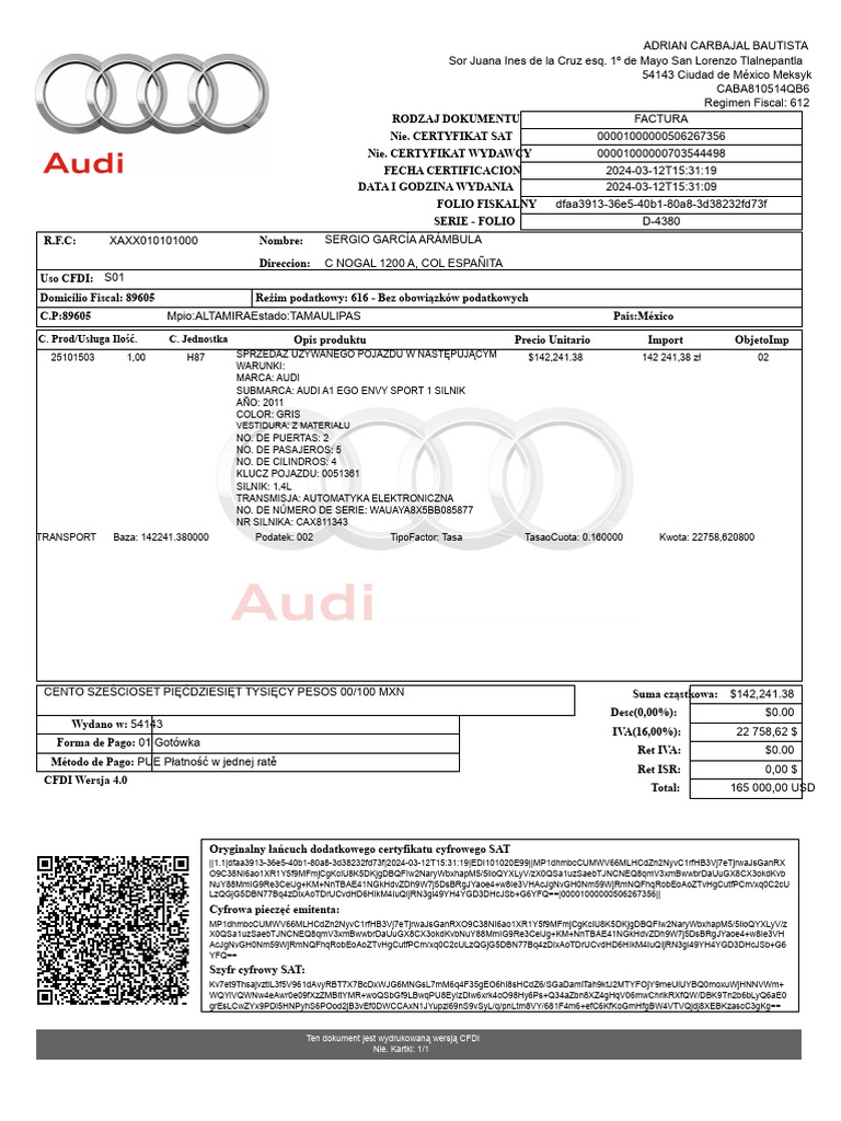 Faktura Audi A1 2011 | PDF