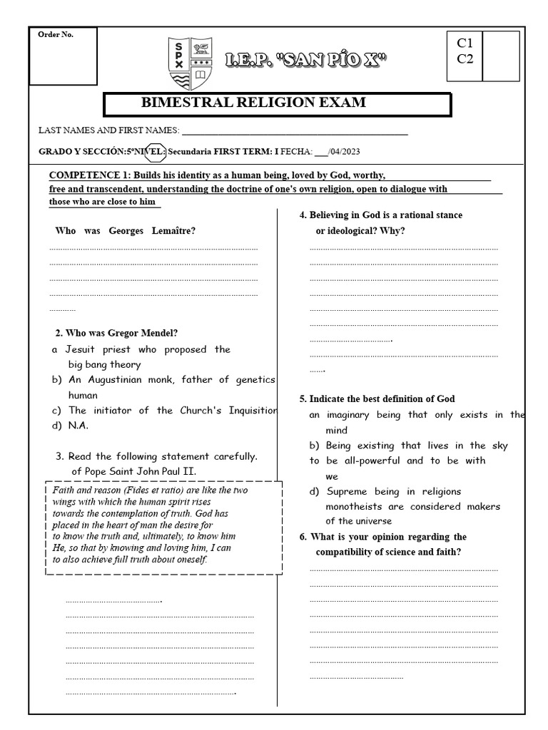 Bimonthly Exam and Bimonthly - Religion 5th Secondary | PDF | Easter ...