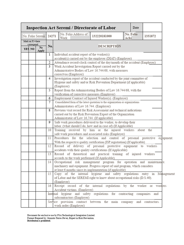 Work Accident Inspection Checklist | PDF | Occupational Safety And ...