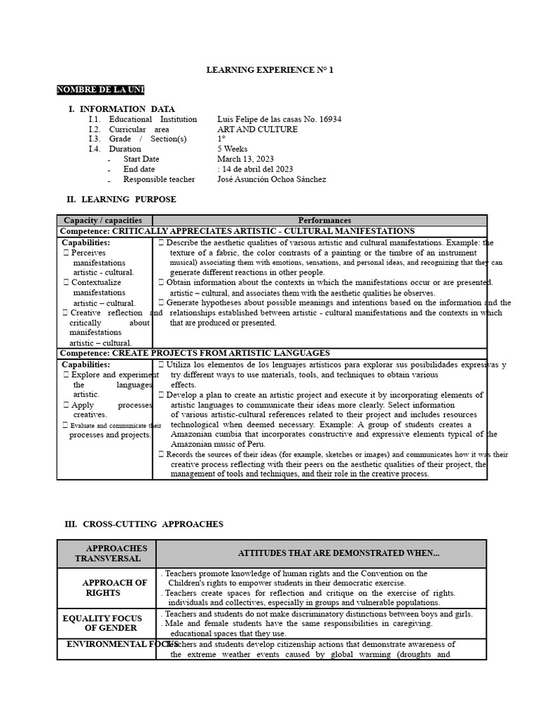 Visual Arts Learning Experience Plan | PDF | Aesthetics | Drawing