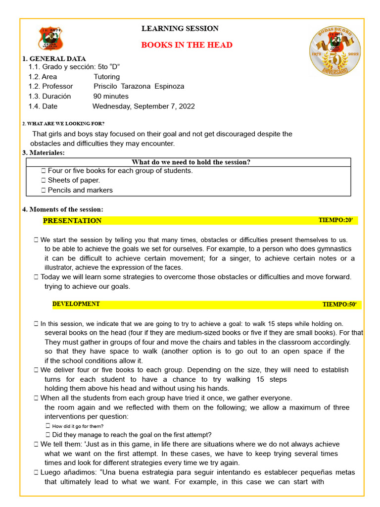 Tutoring Session Books in The Head 5th Grade Primary | PDF | Goal ...
