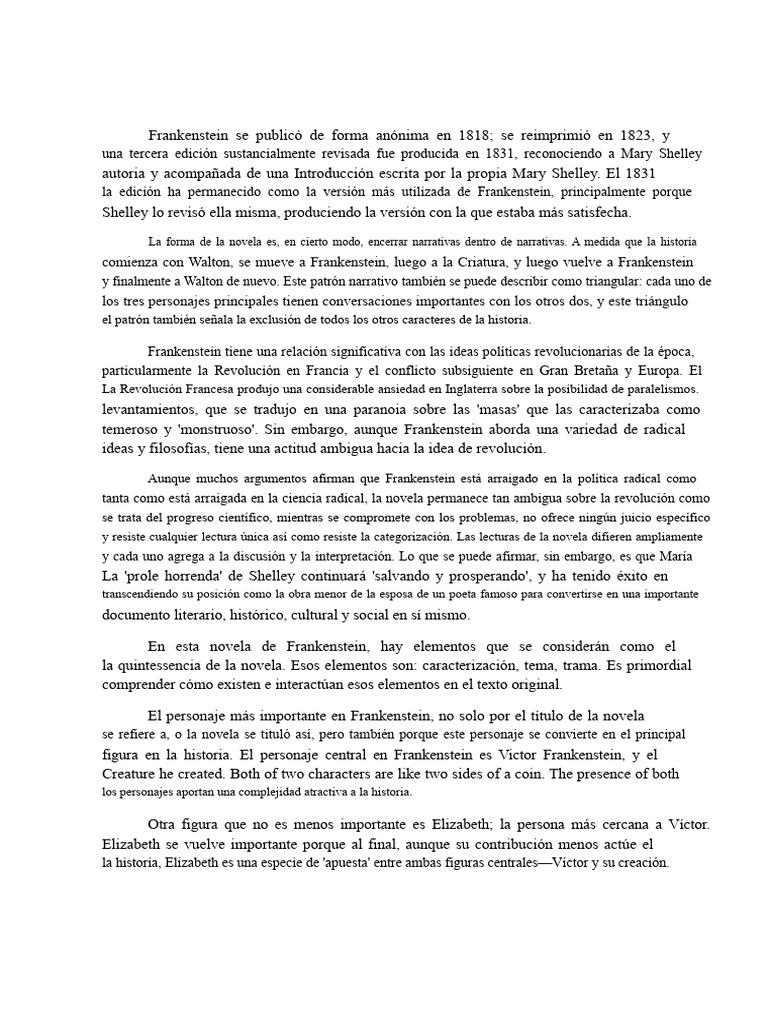 Análisis de "Frankenstein" de Mary Shelley | PDF | Frankenstein | Mary ...