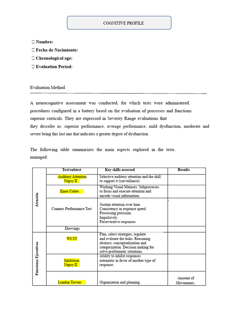 Cognitive Profile Assessment Results | PDF | Memory | Executive Functions