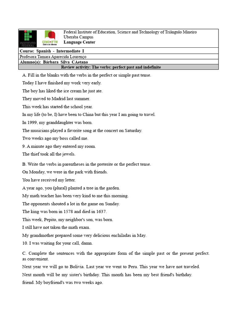 Exercises - The Perfect or Simple Past Tense | PDF | Grammatical Tense ...