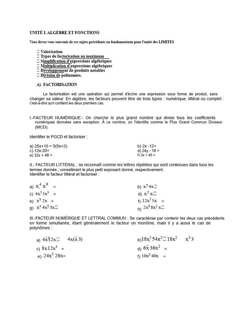Exercices 1. Factorisation et simplification | PDF | Algèbre générale ...