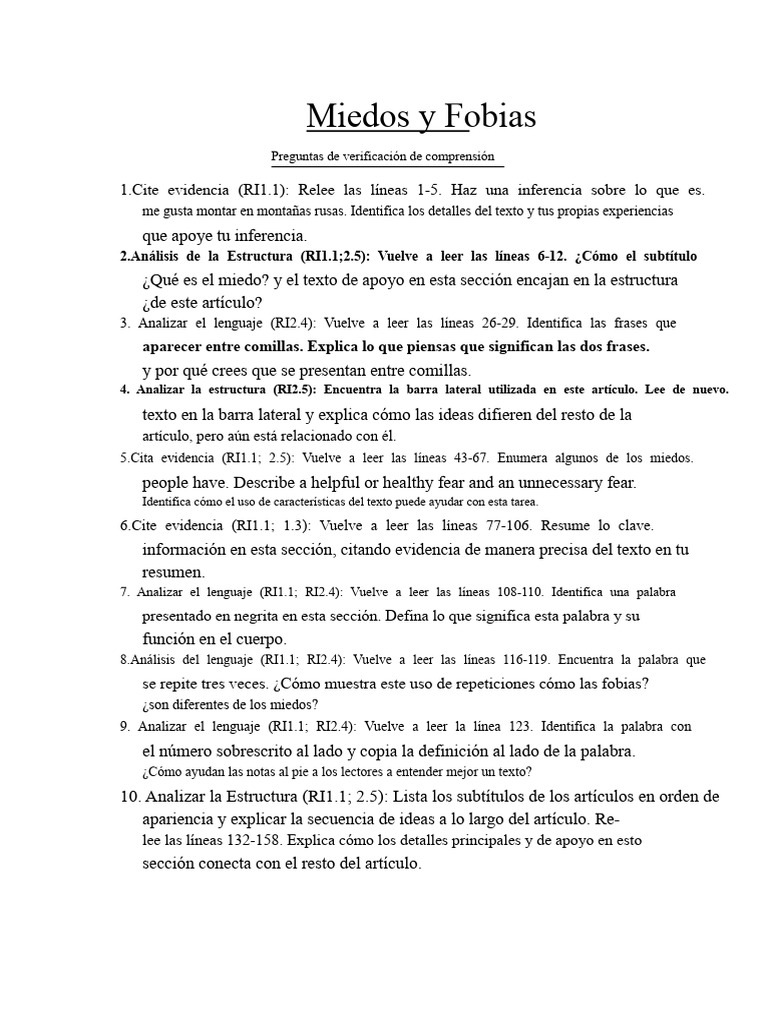Preguntas de Comprensión Sobre Miedos y Fobias | PDF