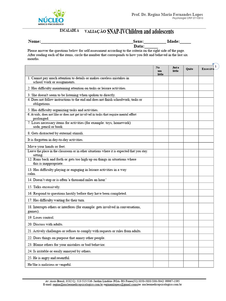 SNAP-IV ADHD Assessment for Children | PDF | Attention Deficit ...