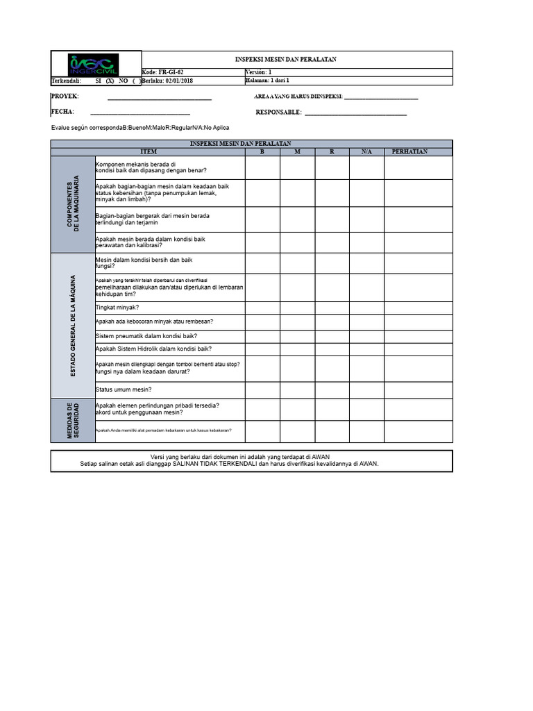 Format Inspeksi Mesin Dan Peralatan | PDF