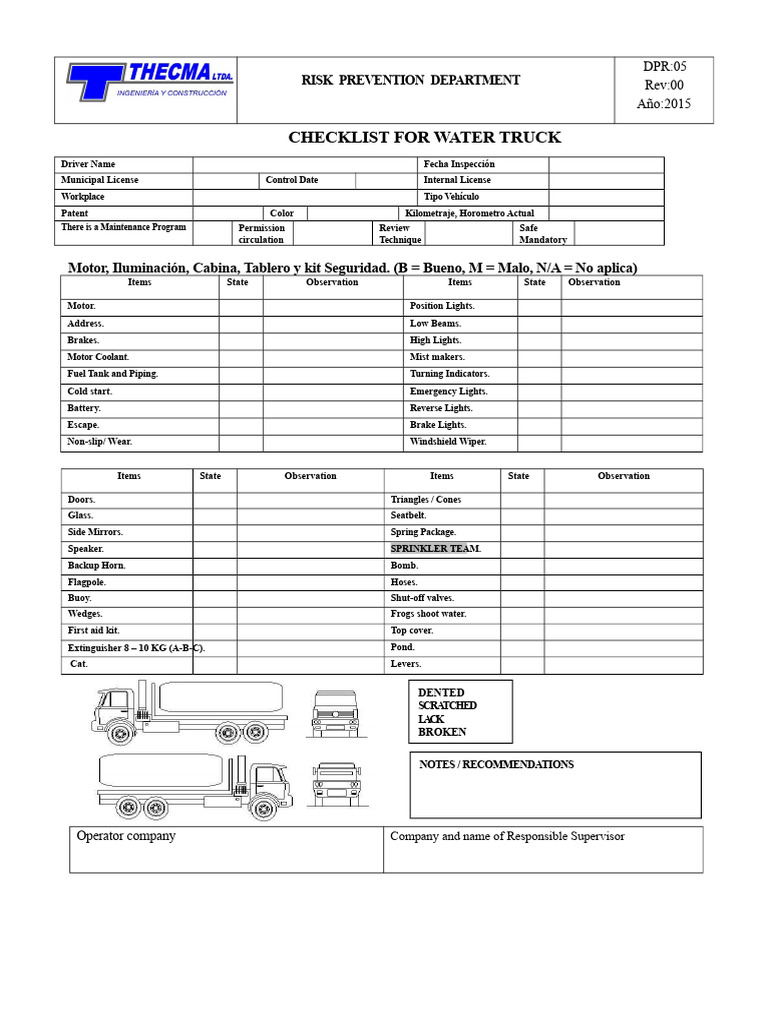 Water Truck Inspection Checklist 2015 | PDF | Truck | Automotive ...