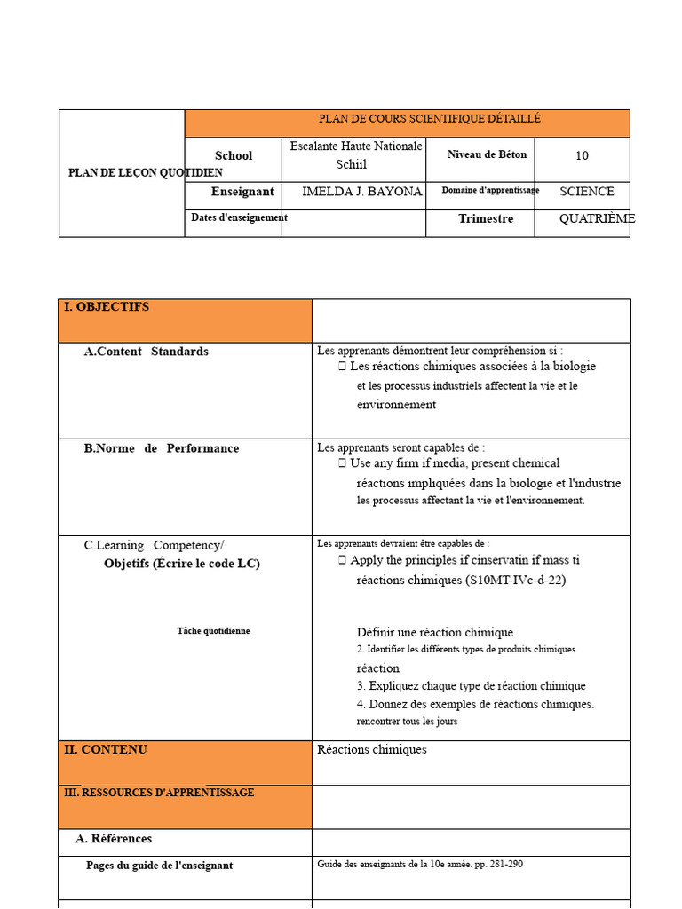 Plan de Cours sur les Réactions Chimiques | PDF | Chimie | Réactions ...